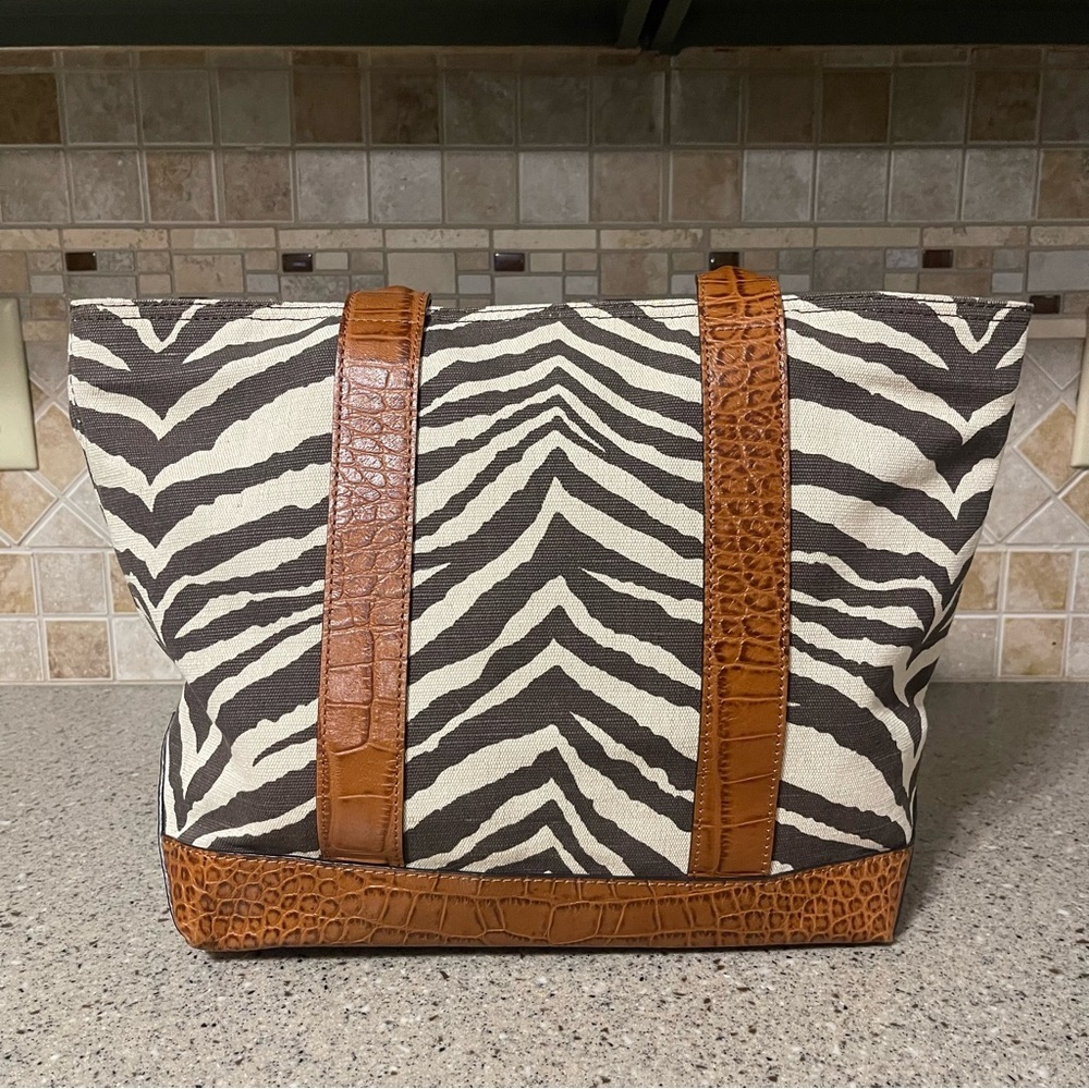 Michael Kors Zebra Print Canvas and Croc Trim Leather Tote Shoulder Handbag - Picture 3 of 16